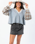 Everyday Ease Patchwork Denim Top with plaid balloon sleeves and V-neckline, styled for fall in bohemian comfort and layered fashion.