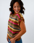 Brown short sleeve sweater with colorful stripes, fall lightweight sweater, fall sleeveless sweater