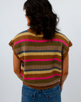 Lightweight fall sweater with sleeve detailing and pom poms, lightweight short sleeve sweater, brown sweater with colorful stripes