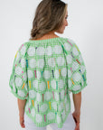 Green gingham sequin golf tee blouse with colorful embroidery for women