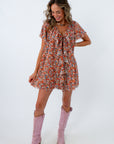 Lightweight fall tunic dress with floral print, lightweight floral mini dress, floral mini dres swith ruffle detailing