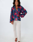 Navy blouse with pink tropical floral pattern, blue floral blouse for work, fall workwear, blue long sleeve blouse for work