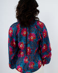 THML navy blue floral blouse for office, blue and pink floral blouse, long sleeve blouses for work