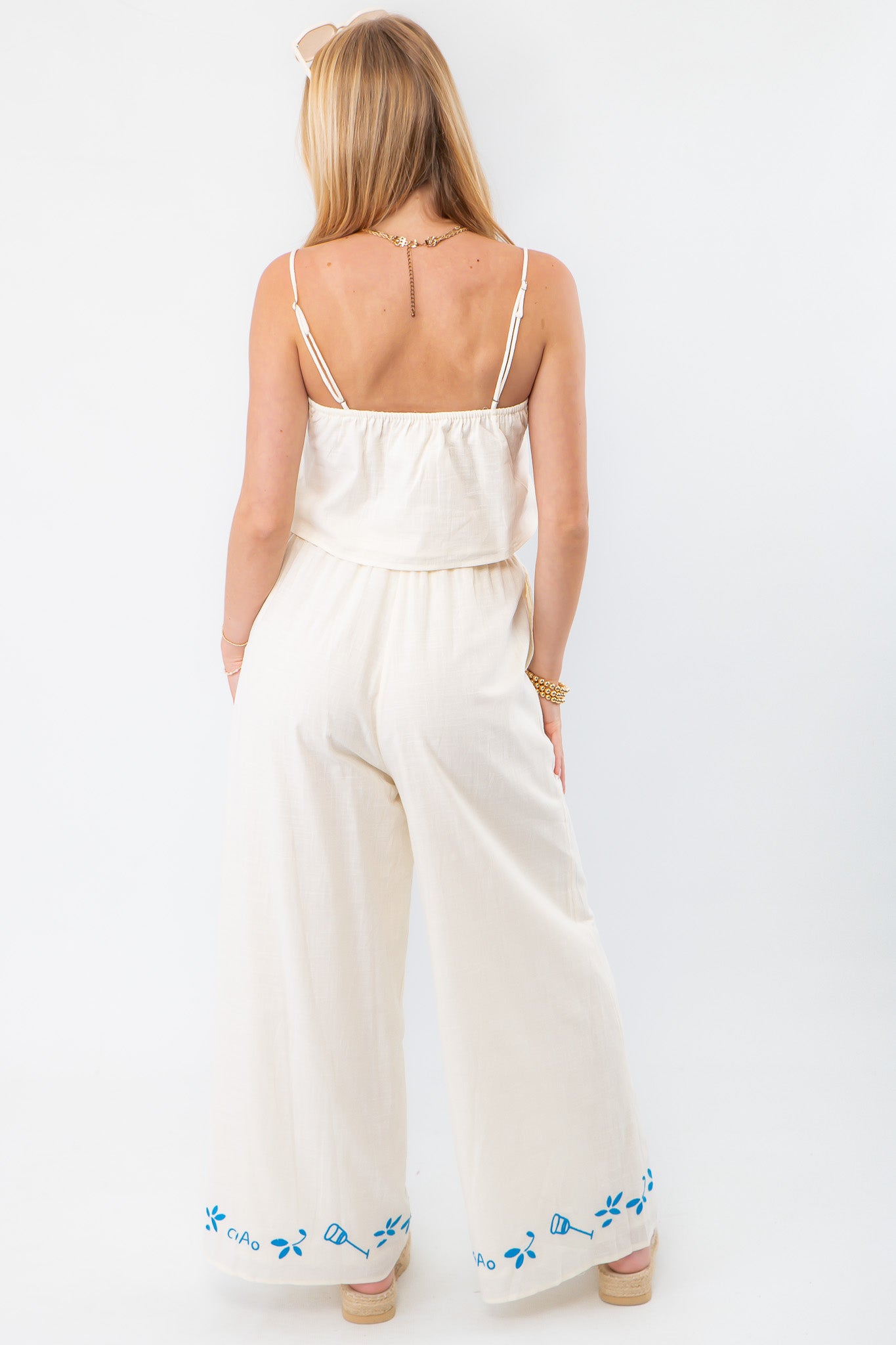 Ciao Blue Floral Embroidered Pants