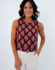 Heirloom Burgundy Block Print Denim Top