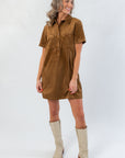 Z Supply Coconut Sydney Suede Mini Dress in rich brown suede with front snap buttons, styled for fall with cream boots.