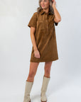 Fall-ready Z Supply Coconut Sydney Suede Mini Dress featuring short sleeves and a collared neckline, ideal for casual layering.
