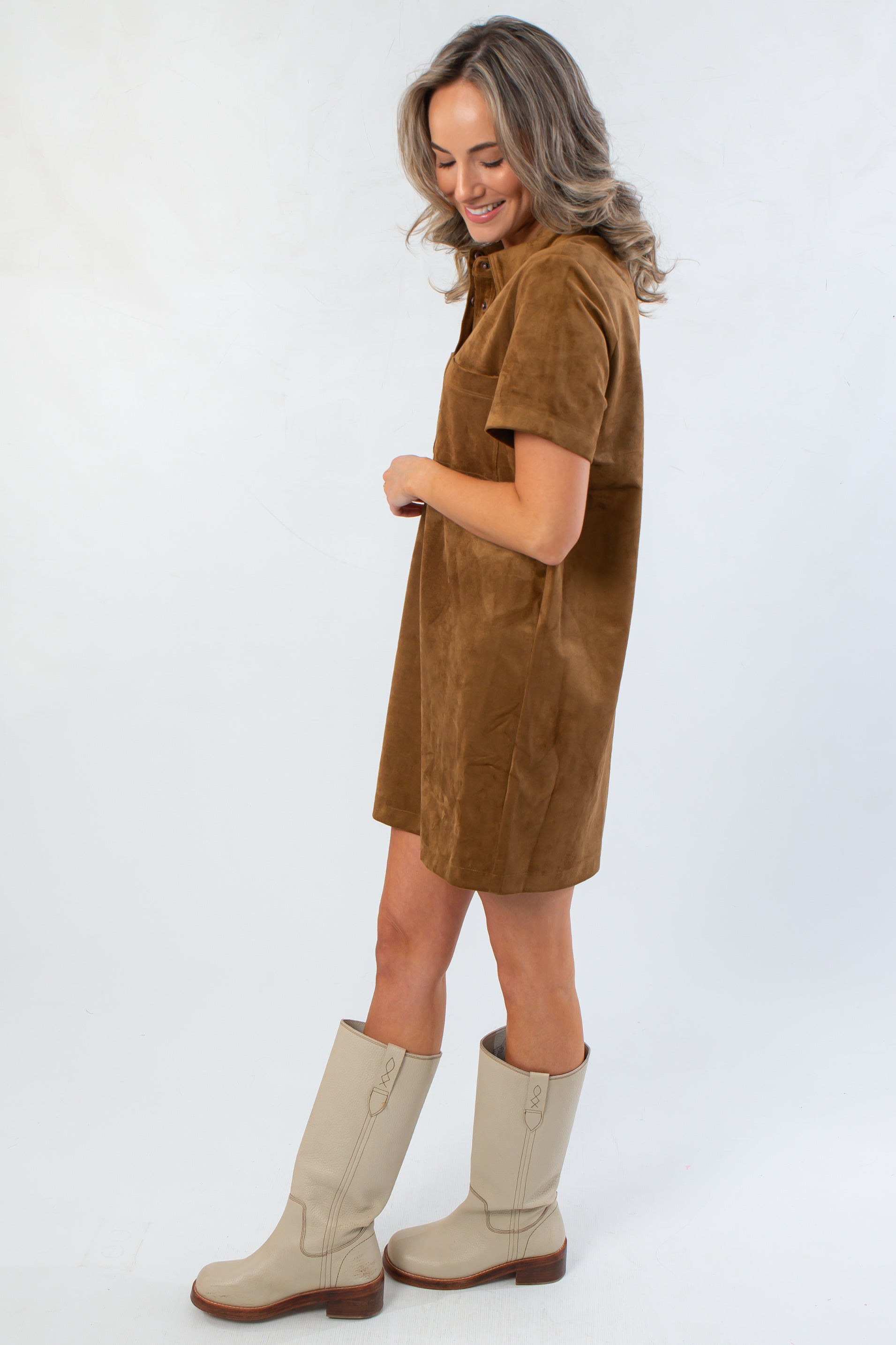 Side view of Z Supply Coconut Sydney Suede Mini Dress showing soft suede texture and relaxed fit, perfect for autumn outfits.