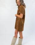 Side view of Z Supply Coconut Sydney Suede Mini Dress showing soft suede texture and relaxed fit, perfect for autumn outfits.