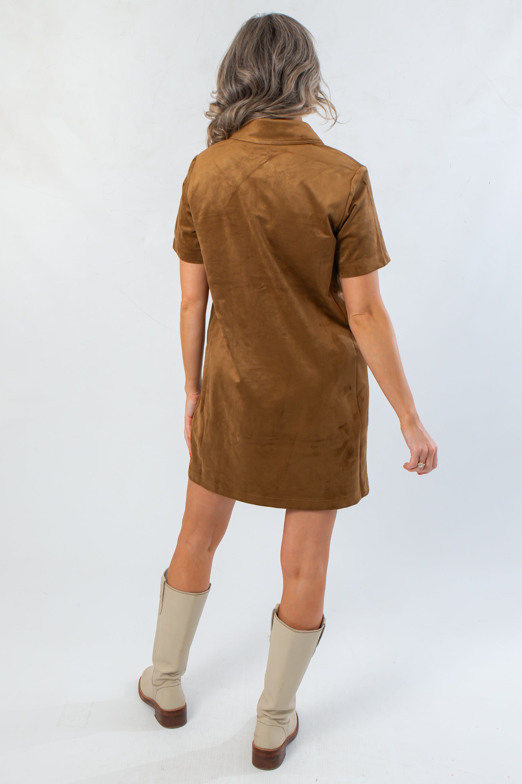 Back view of Z Supply Coconut Sydney Suede Mini Dress highlighting its smooth suede finish and mini length for seasonal styling.
