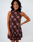 Sweet Pea High Neck Floral Dress with side pockets, brown and purple floral mini dress, purple block print dress