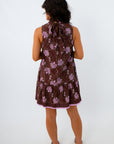 Lightweight floral pattern block print mini dress for autumn, brown and purple block print mini dress