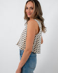 FRNCH Crème Nautilus Vest, sleeveless cream knit top with black polka dots, casual women's tank top
