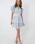 Blue floral lace trim mini dress with ruffled sleeves and tiered skirt