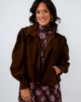 Delia chocolate stand collar bomber jacket with button closure, brown bomber jacket, fall jackets, fall layering pieces