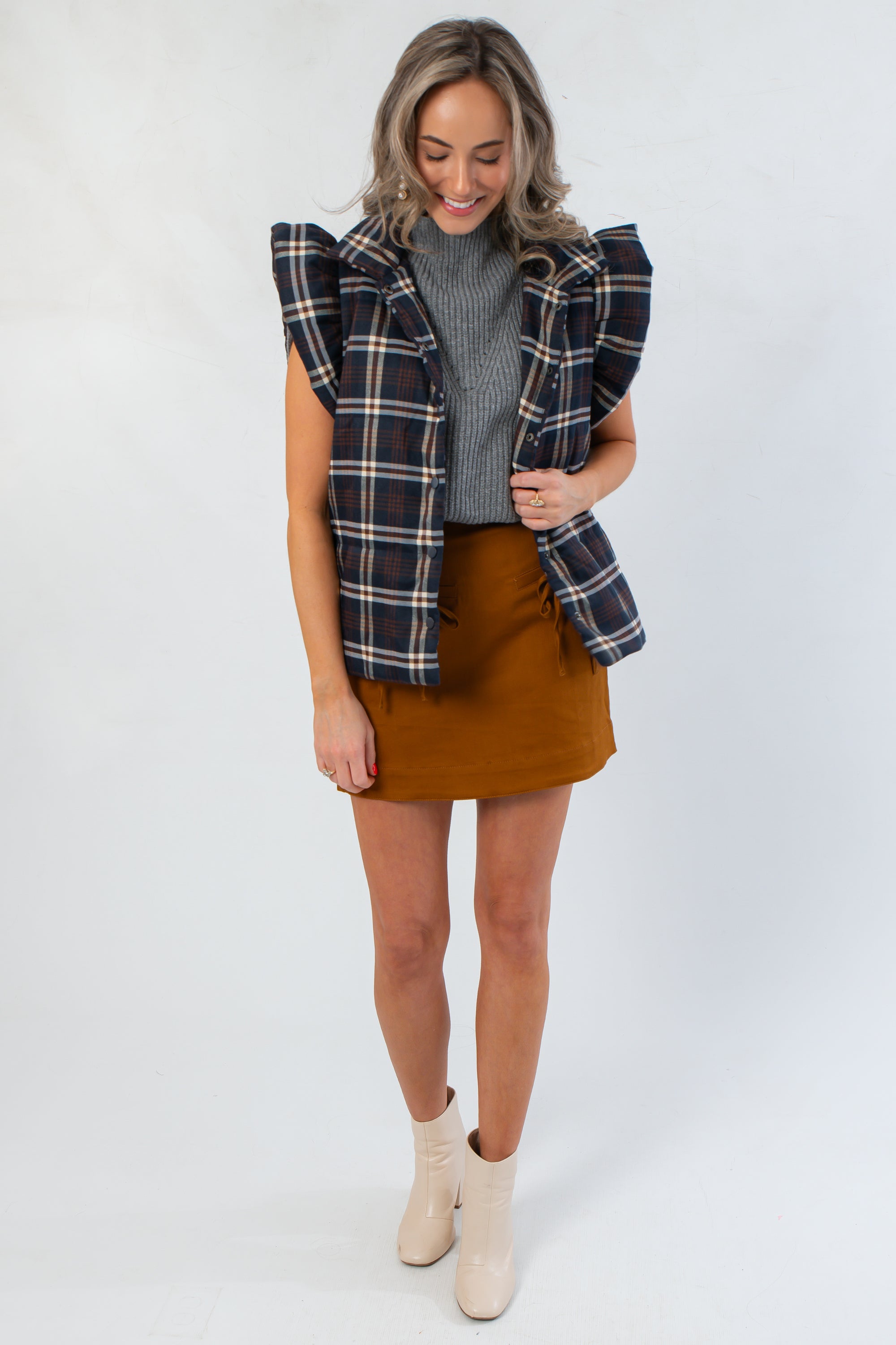 THML Here for Plaid Navy Ruffle Shoulder Plaid Puffer Vest