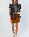 THML Here for Plaid Navy Ruffle Shoulder Plaid Puffer Vest
