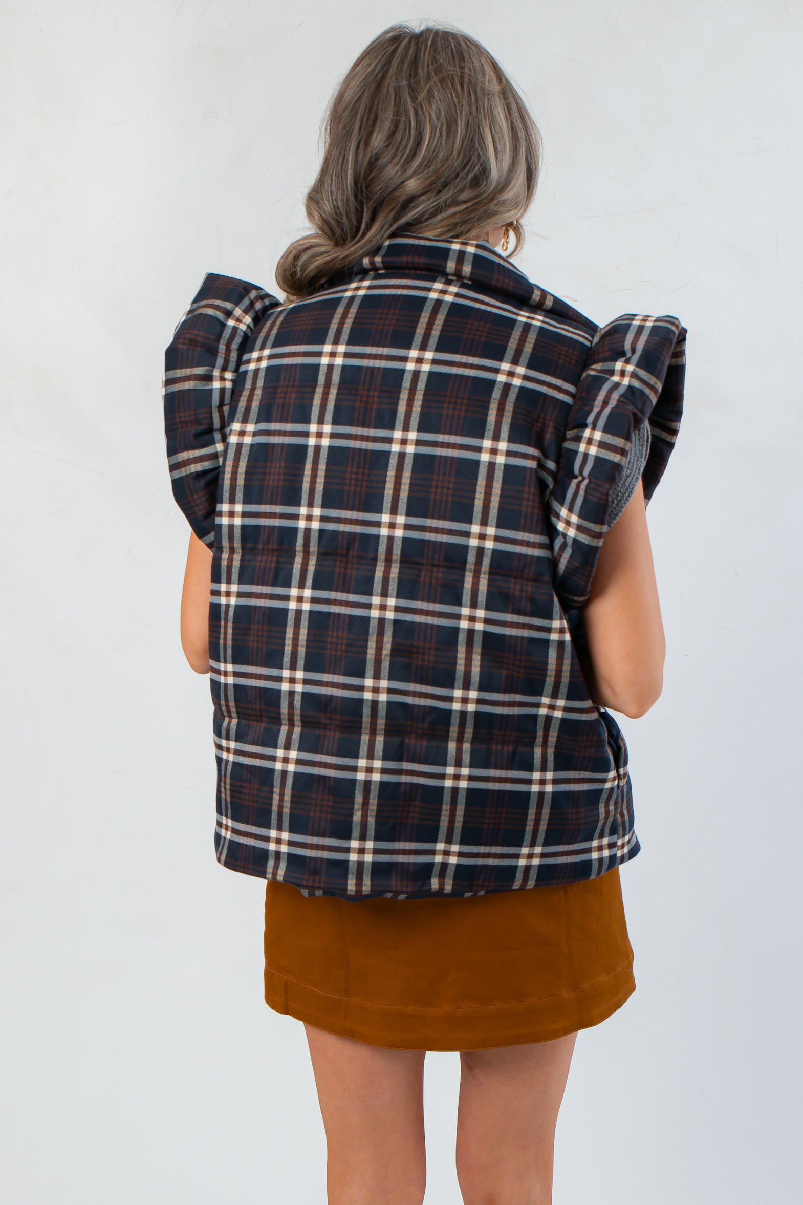THML Here for Plaid Navy Ruffle Shoulder Plaid Puffer Vest