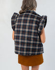 THML Here for Plaid Navy Ruffle Shoulder Plaid Puffer Vest
