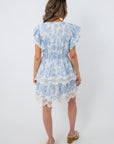 Blue floral lace trim mini dress with ruffled sleeves and tiered lace hem