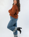 Side view of Bourbon Weather Intarsia Knit Sweater showcasing relaxed fit and ribbed hem, great for casual fall and winter looks.