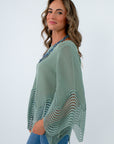 Lightweight long sleeve top, sage green long sleeve top, top with wave hem and sleeves, lightweight knit top