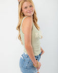 Side view of Beach Green Striped Tank Top showing fitted cut and soft ribbed fabric, great for summer lounging or beach trips.