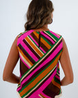 Brown multi-striped fall sleeveless top for workwear, pink green and orange tops, patterned sleeveless tops