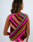 Colorful sleeveless top, fringe sleeveless tops, patterned tops, fall workwear, fall tops