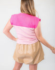 Back view of the Dally Pink Combo Muscle Sweater Tank, highlighting the seamless pink color-block transition and comfortable knit fabric.