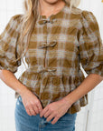 Darlin' Plaid Bow Front Peplum Top-Tops-Needii-L. Mae Boutique & Wild Mabel Clothing