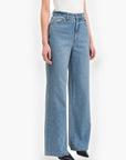Side view of Daze Denim Far Out High Rise Studded Jeans highlighting the relaxed wide-leg cut and shimmering studded details.