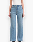 Front view of Daze Denim Far Out High Rise Studded Jeans with a button closure, wide-leg design, and sparkling embellishments.