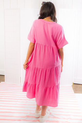 Delightfully Sweet Crinkle Gauze Pink Midi Dress-Very J-L. Mae Boutique