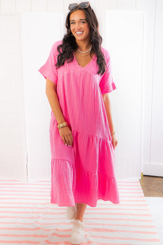 Delightfully Sweet Crinkle Gauze Pink Midi Dress-Very J-L. Mae Boutique