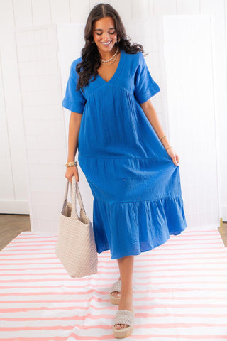 Delightfully Sweet Crinkle Gauze Royal Blue Midi Dress-Very J-L. Mae Boutique