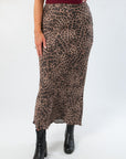 Close-up of Z Supply Desert Tan Izabel Leopard Skirt showcasing stretch satin fabric and bias cut fit in a stylish leopard print design.