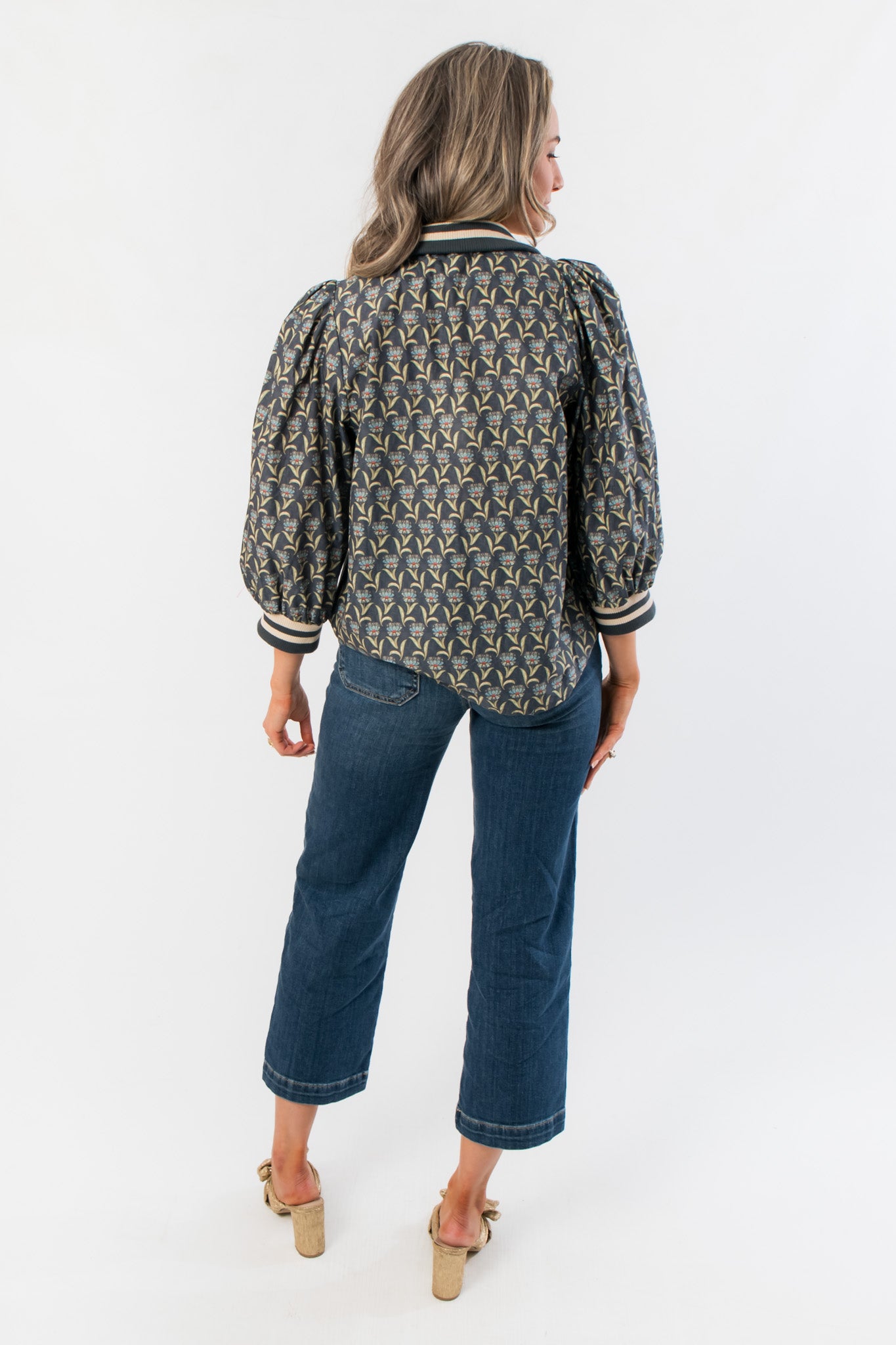 Jayne Floral Contrast Trim Half Zip Top