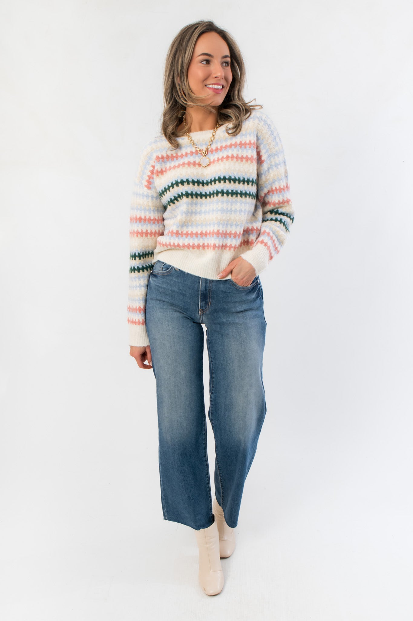 Cozy Mountain Top Stripe Knit Sweater in pastel pink, blue, and green stripes paired with wide-leg jeans and ankle boots for fall fashion.