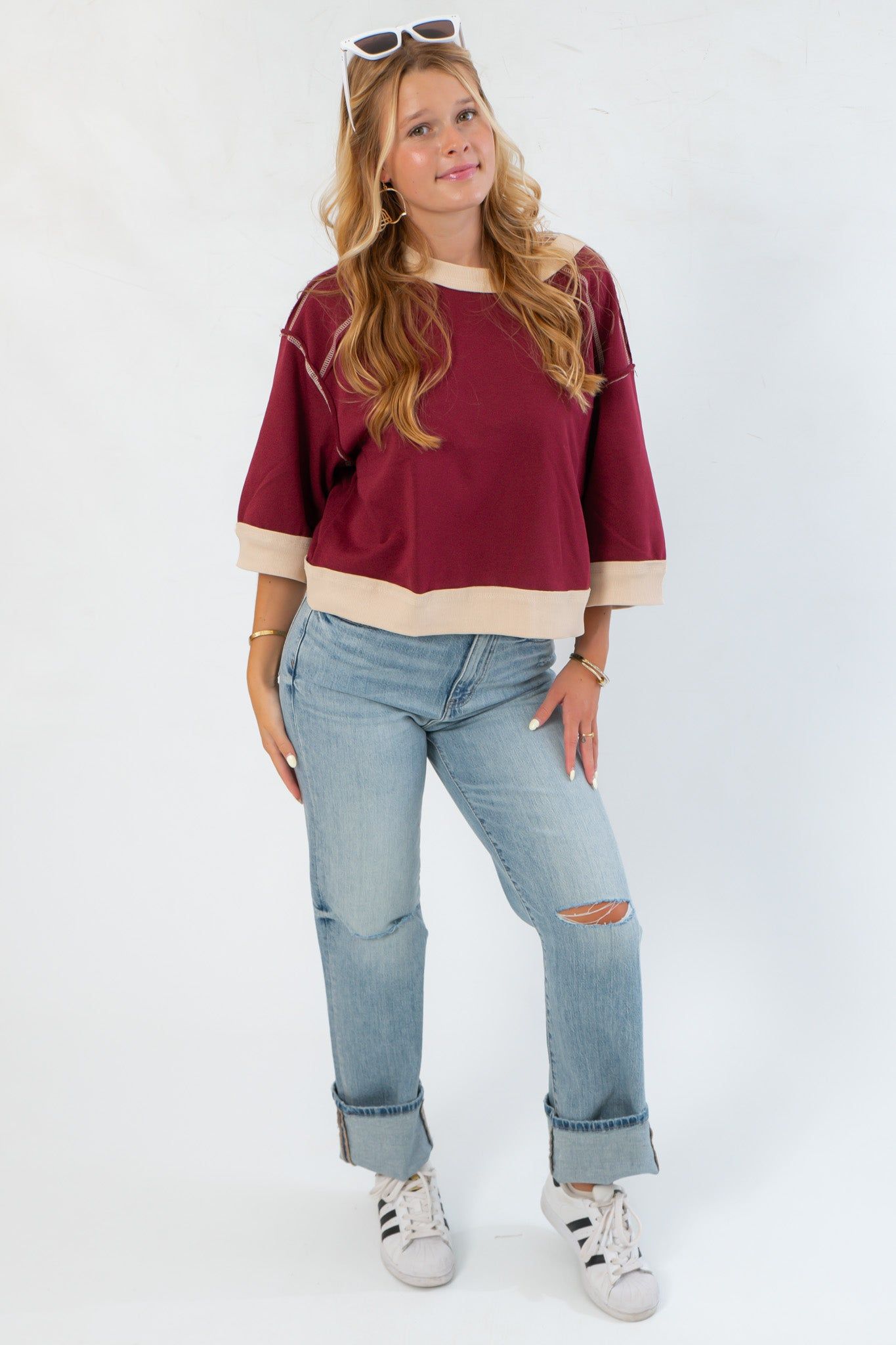 Vickie Sweatshirt - Burgundy Cream Contrast styled with cuffed jeans and sneakers. Cozy oversized fit perfect for casual fall days.