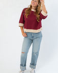 Burgundy and cream Vickie Sweatshirt with short sleeves and relaxed silhouette, ideal for gameday or lounging in style.
