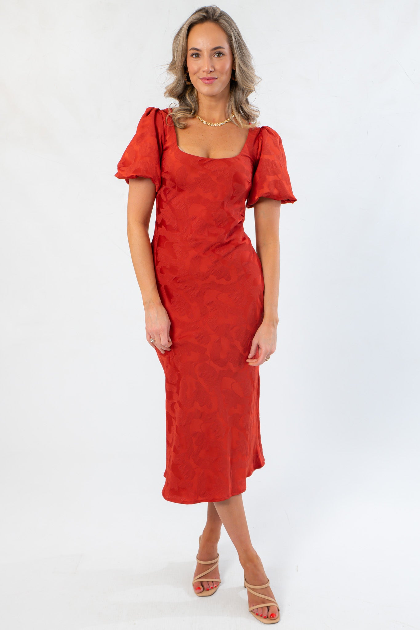 Jacquard Brick Puff Sleeve Satin Midi Dress