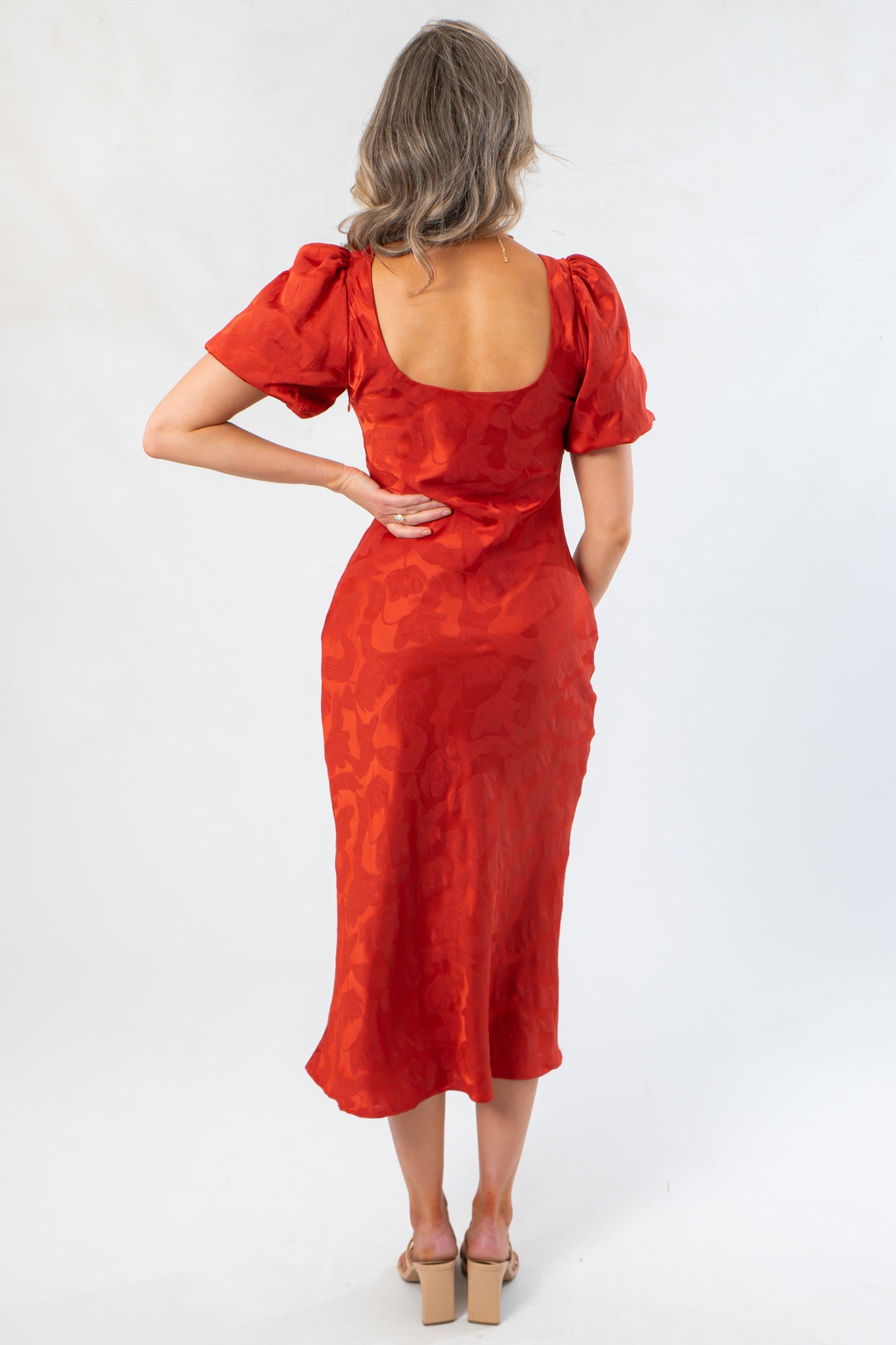 Jacquard Brick Puff Sleeve Satin Midi Dress