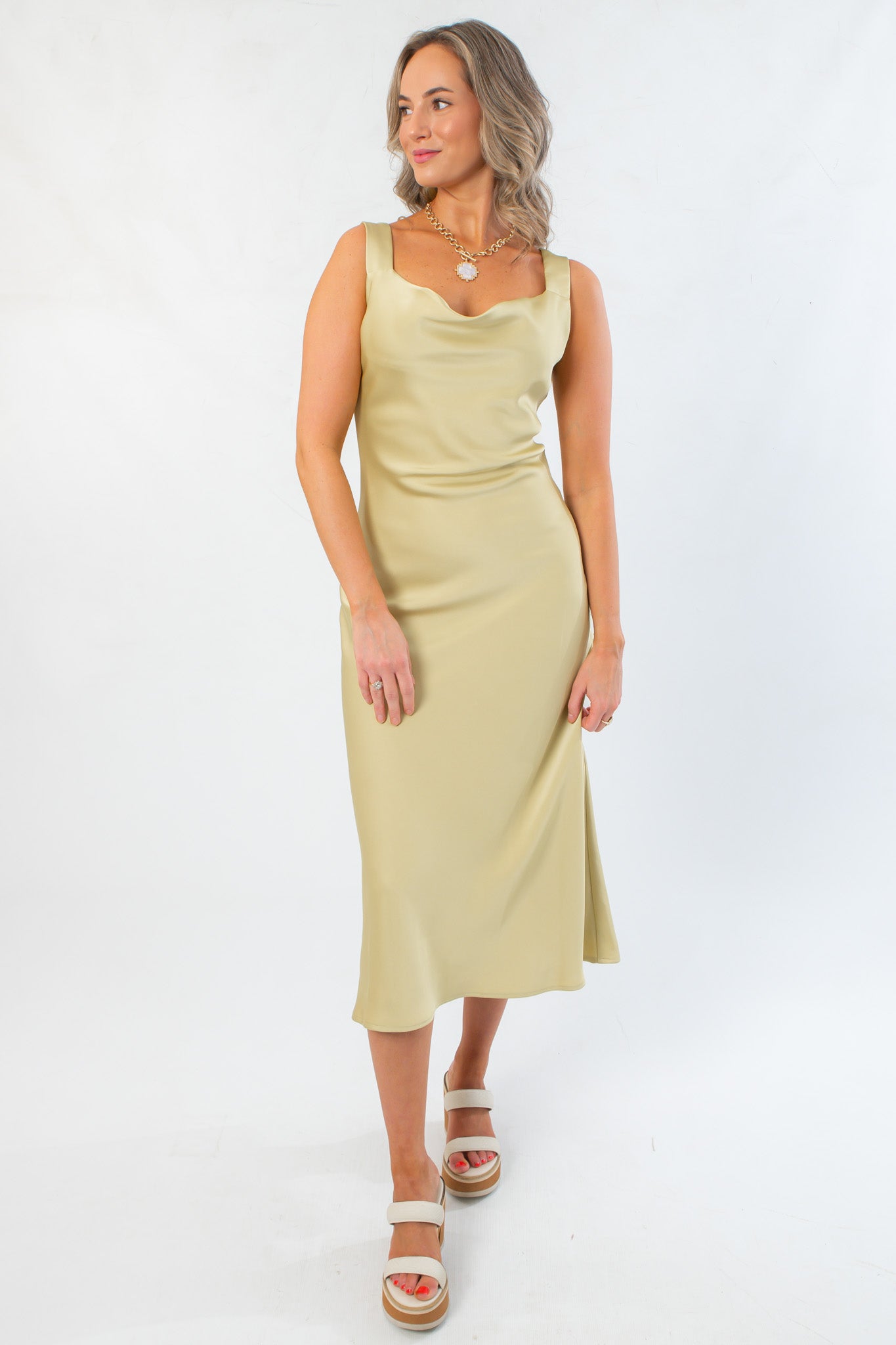 Sage Satin Glamorous Cowl Neck Midi Dress