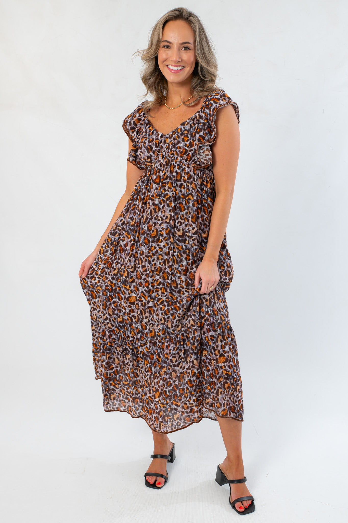 THML Brown Leopard Print Flutter Sleeve Maxi Dress