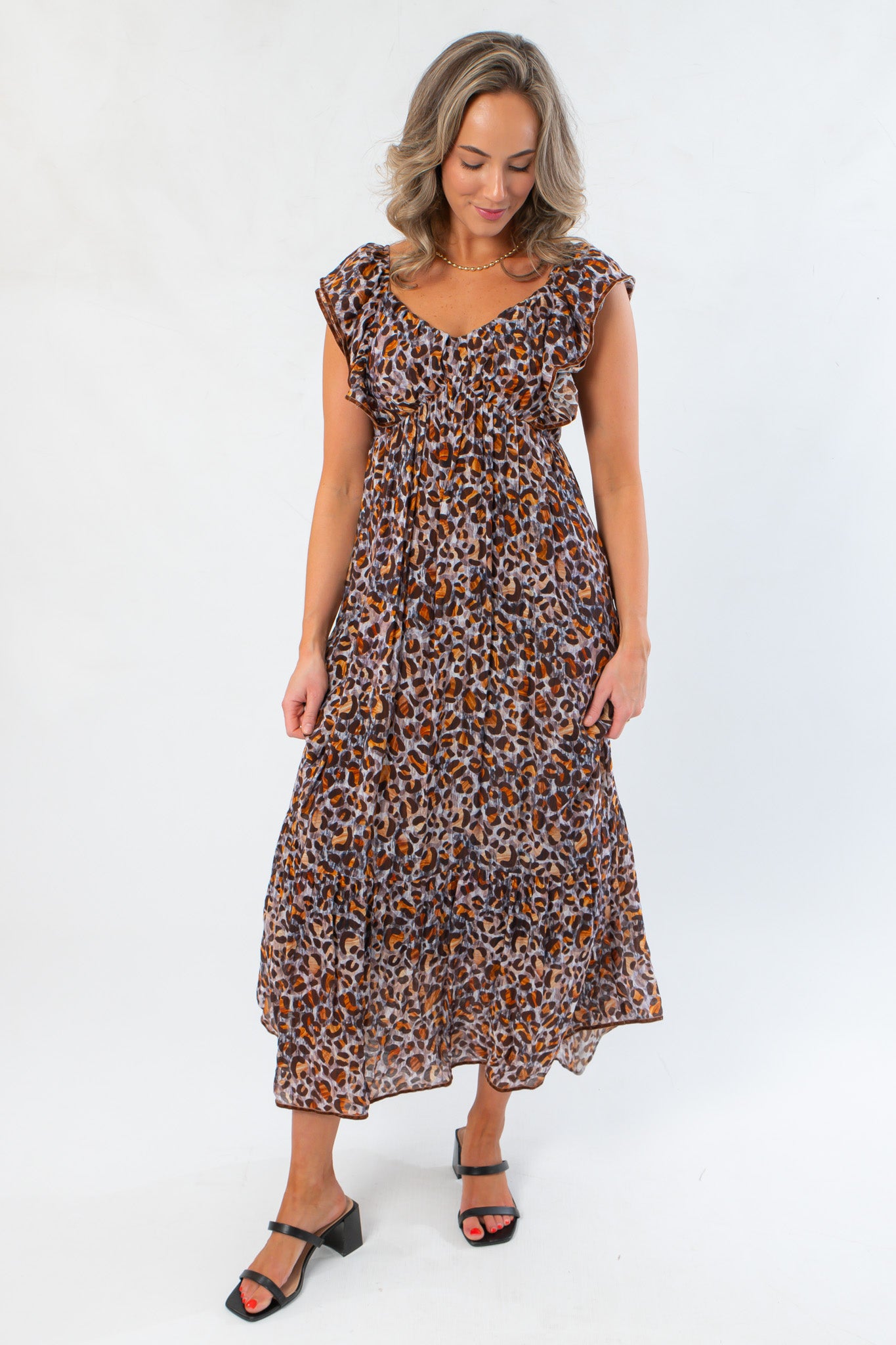THML Brown Leopard Print Flutter Sleeve Maxi Dress
