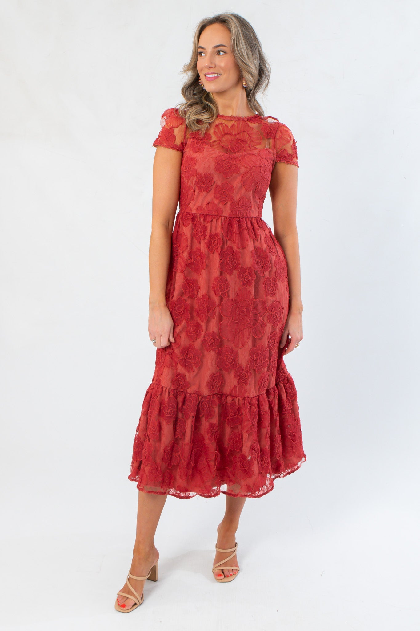 Ruby Red Floral Mesh Open Back Midi Dress