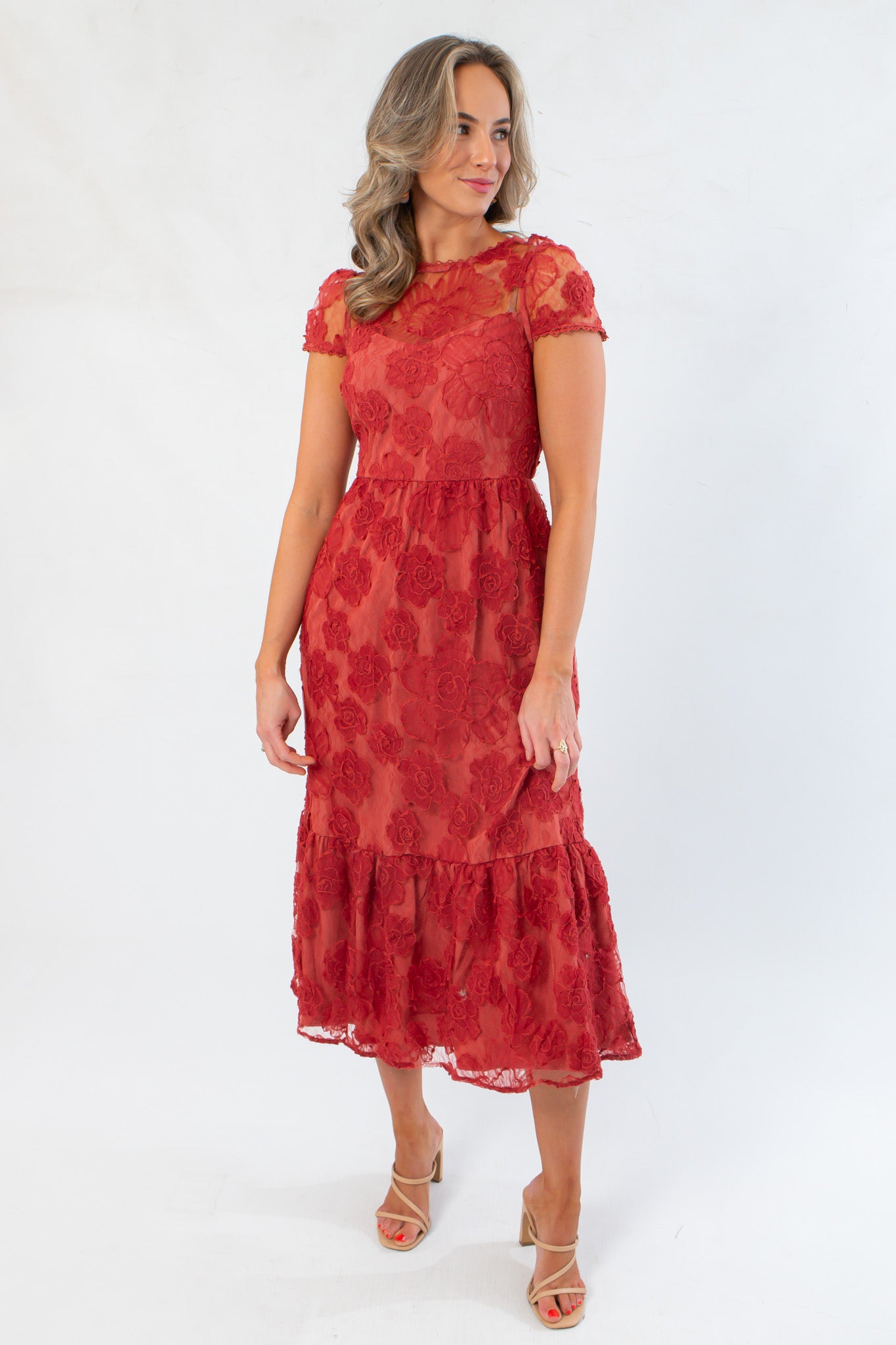 Ruby Red Floral Mesh Open Back Midi Dress