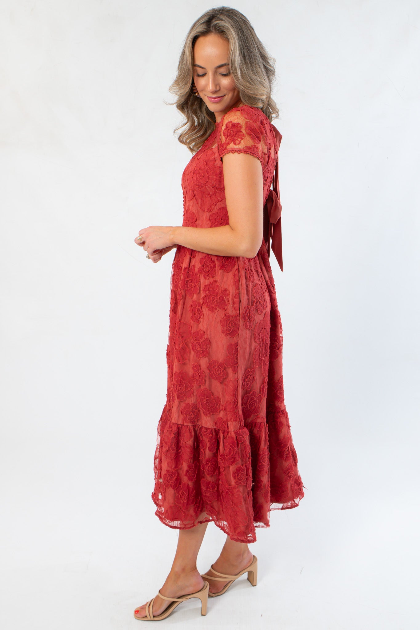 Ruby Red Floral Mesh Open Back Midi Dress