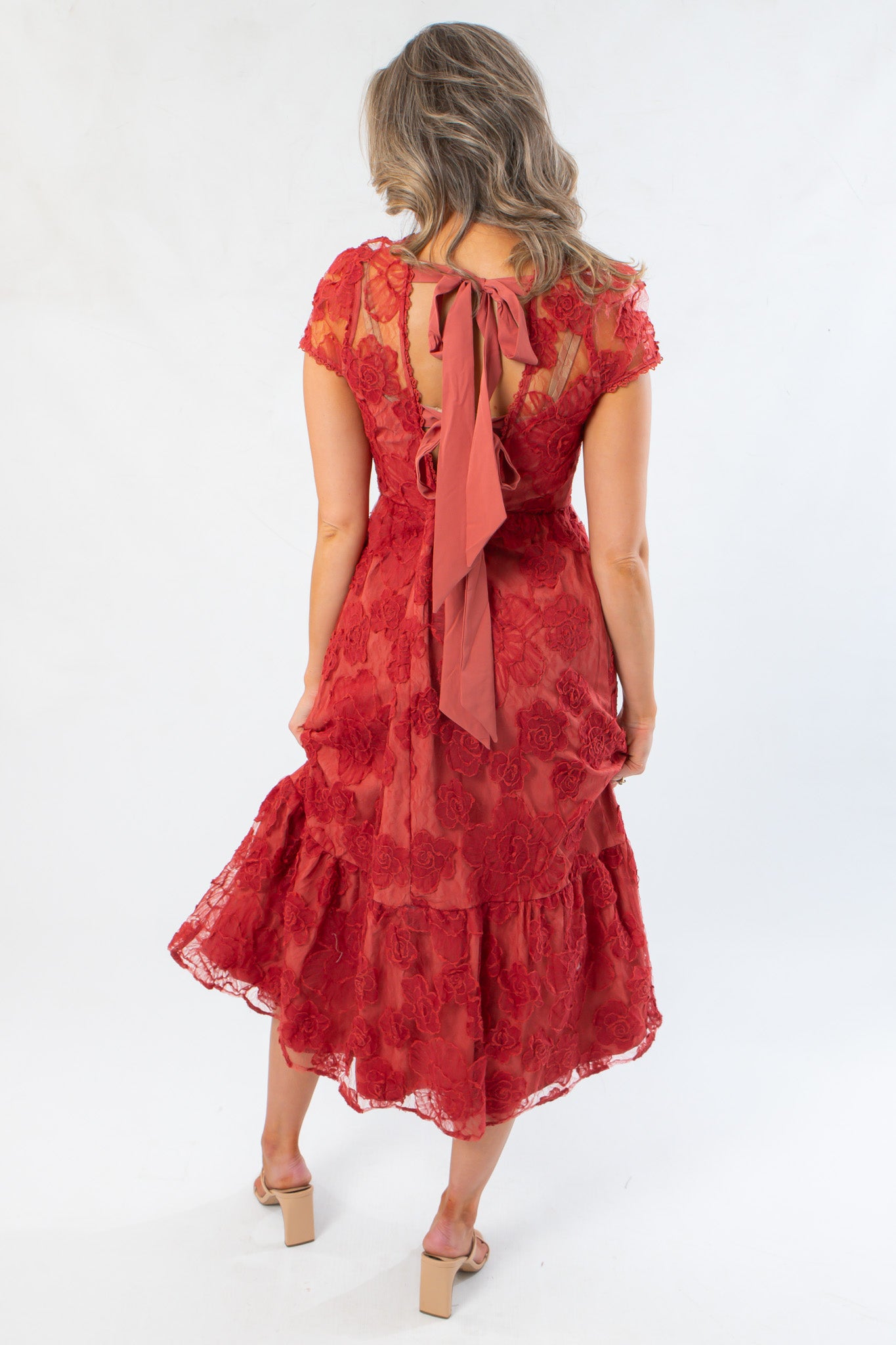 Ruby Red Floral Mesh Open Back Midi Dress